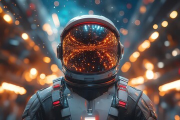 Wall Mural - futuristic astronaut in sleek metallic suit side profile against starry cosmos helmet visor reflecting an alien planets swirling atmosphere