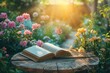 © MinuteDream - An open book rests on a wooden table in a lush, sunlit garden filled with vibrant flowers.