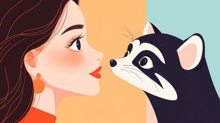 Poster - A vibrant portrait of a woman with a playful raccoon, showcasing an enchanting animal illustration against a clean backdrop.