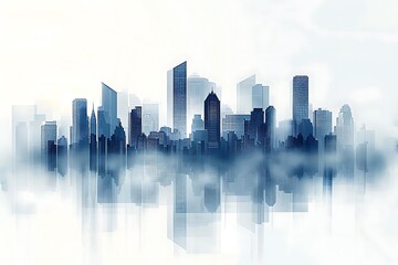 Wall Mural - A modern city skyline reflected in mist, creating a serene atmosphere.