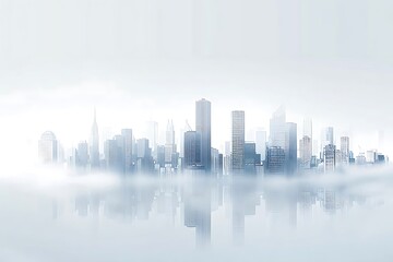 Wall Mural - A misty city skyline reflecting on water, creating a serene atmosphere.