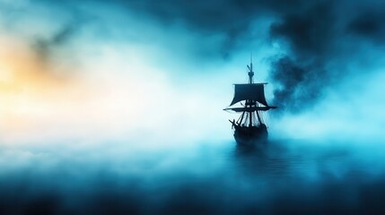 Wall Mural - Silhouette of a Ship Sailing Through Foggy Sea at Dusk