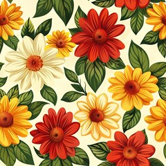 Canvas Print - Vibrant floral pattern in yellow, red, and white.