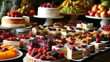 Sumptuous dessert table featuring an enticing array of cakes, pastries, and fresh fruits