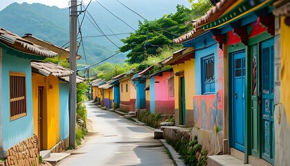 Charming narrow street adorned with vibrant traditionally painted houses in a picturesque village