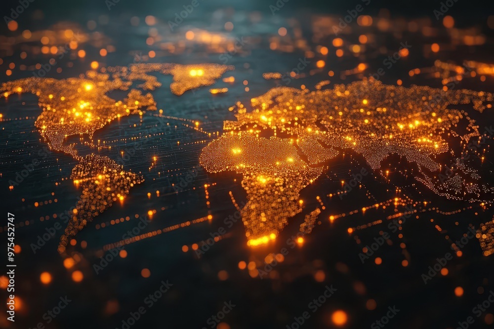 interconnected glowing nodes forming global network trailing light ...