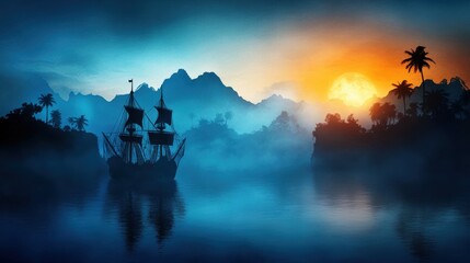 Wall Mural - Silhouette of a sailing ship at sunset with palm trees and mountains