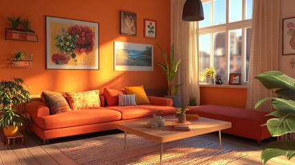 Cozy orange living room with warm orange furniture, orange decor accents, and soft lighting.