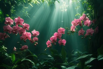 Poster - lush emerald canopy of a tropical rainforest teems with life sunlight filters through dense foliage illuminating vibrant orchids and creating a mysterious primordial atmosphere