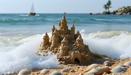 Whimsical sandcastle surrounded by crashing waves with tiny boats sailing in the distant horizon