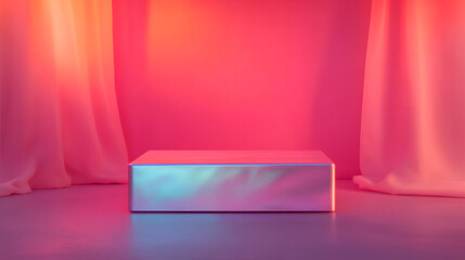 Wall Mural - Minimalist Product Display  with Holographic Platform and Pink Drapes