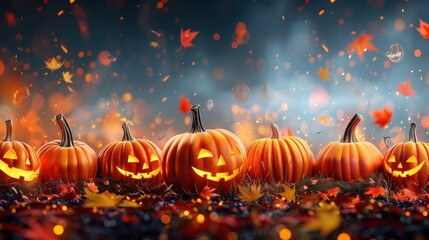 Wall Mural - Halloween Jack O Lantern Pumpkins with Autumn Leaves and Lights