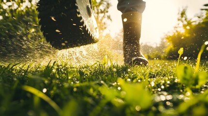 Low angle view of a person mowing a lawn with a lawnmower, with the sun shining in the background.