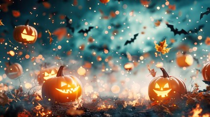 Wall Mural - Spooky Halloween Jack O Lantern Pumpkins with Falling Leaves and Bats