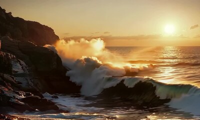 Canvas Print - Rocky coastline with crashing waves and a sunset, Video