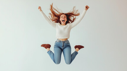 Wall Mural - Woman jumping with joy indoors