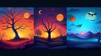 Wall Mural - Halloween Night Sky with Full Moon  Crescent Moon  and Stars