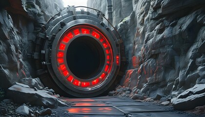 Enigmatic circular metal door embedded in rocky cliff, illuminated by red lights, serving as entrance to mysterious industrial tunnel