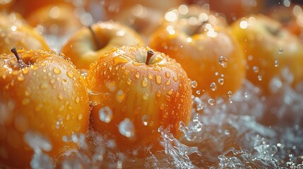 apples in the air, apple juice spills in different directions 