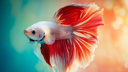 Red and white mixed betta fish on a colorful background.