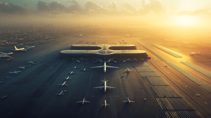 This aerial perspective captures a futuristic airport dedicated to electric aircraft, featuring solar energy grids and electric planes in flight, all bathed in the warm glow of sunset