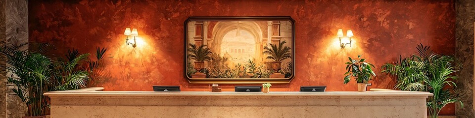 Wall Mural - Luxury Italian hotel reception with olive and terracotta hues, Renaissance-inspired art.