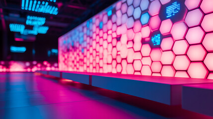 Wall Mural - Neon Pink and Blue Hexagon Wall with Platform for Product Display