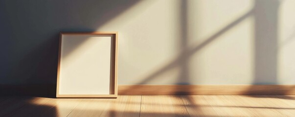 Poster - empty picture frame on wooden floor with sunlight and shadows, minimalist home decor concept