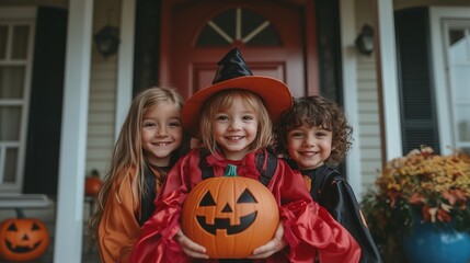 group of child in Halloween clothes, in the background the door of the house is decorated for Halloween