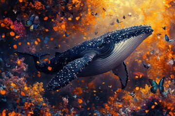 surreal collage of diverse ecosystems whale emerging from forest butterflies from coral reef vibrant colors seamless transitions digital art style emphasizing biodiversity