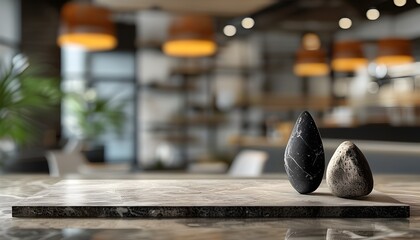 Modern office interior design with blurred bokeh effects on a black marble desk, featuring a montage of decorative products and vibrant colors in a stylish café space