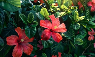 Canvas Print - Vibrant hibiscus bush in tropical garden, Video