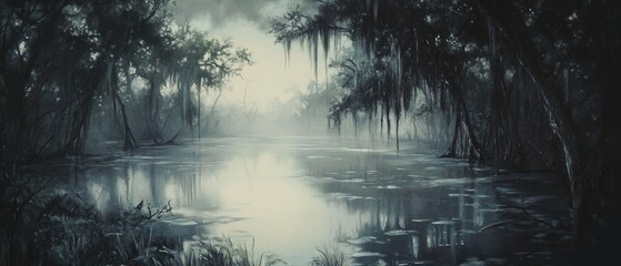 Wall Mural - Oil painting depicting a serene swamp scene