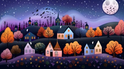 Wall Mural - Nightfall Village with Starry Sky and Full Moon