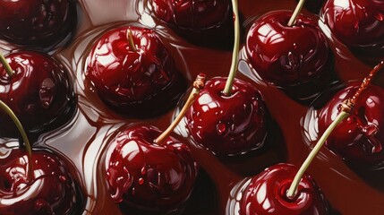 Oil painting depicting chocolate covered cherries surrounded by their rich syrup showcasing the deliciousness of this sweet treat in an artistic manner