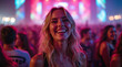 © StockShop - Vibrant Smiling Face at Music Festival | Joyful Festival Goer with Colorful Lights and Positive Vibes