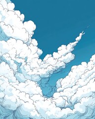 line art illustration featuring a blue sky adorned with white clouds