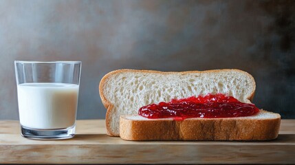 Oil painting of white bread with strawberry jam on a table alongside a glass of milk featuring a light wooden backdrop and ample copy space ideal for breakfast themes