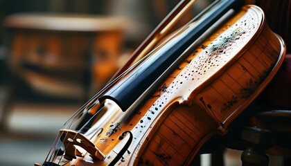 Elegant ensemble of string instruments in an orchestra highlighting the intricate details of violin, cello, and viola in a classical symphony setting