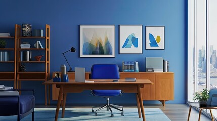 Poster - Modern blue office space with a blue desk, blue chair, and bright blue decor accents.