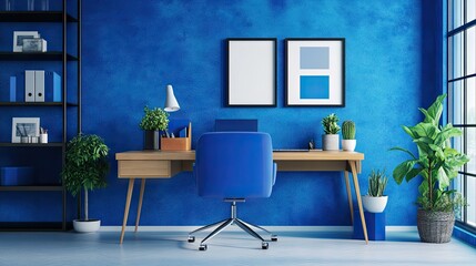 Poster - Modern blue office space with a blue desk, blue chair, and bright blue decor accents.