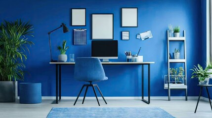 Poster - Modern blue office space with a blue desk, blue chair, and bright blue decor accents.