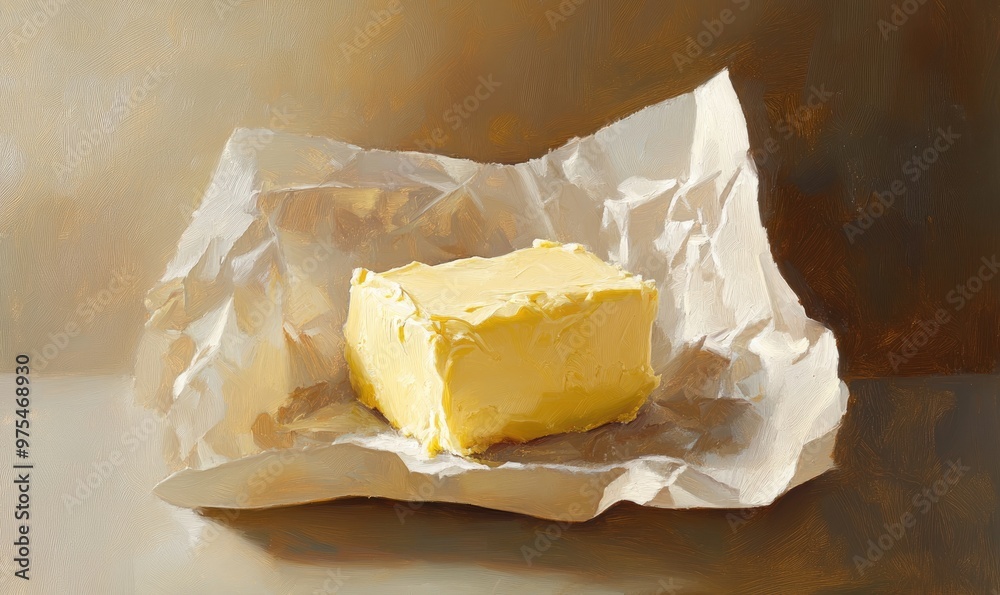 Oil painting depicting a piece of butter with its wrapping removed ...