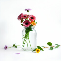 Wall Mural - a bouquet of pink and white daisy like flowers in a glass vase against a white background