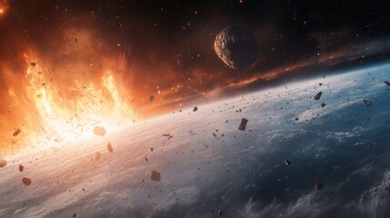 Wall Mural - a meteor approaching earth's atmosphere surrounded by debris.