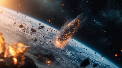 Wall Mural - a meteor approaching earth's atmosphere surrounded by debris.