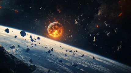 Wall Mural - a meteor approaching earth's atmosphere surrounded by debris.