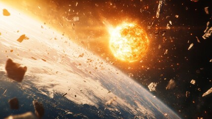 Wall Mural - a meteor approaching earth's atmosphere surrounded by debris.
