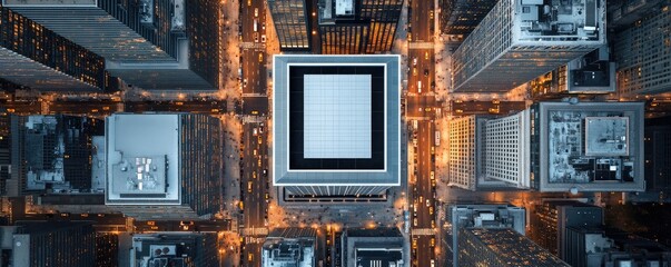 Aerial view of a modern cityscape at night, showcasing illuminated buildings and geometric patterns of urban architecture.