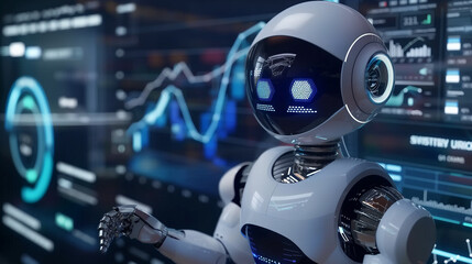 Poster - a futuristic ai robot working with business data statistics, business growth or audit data analysis 